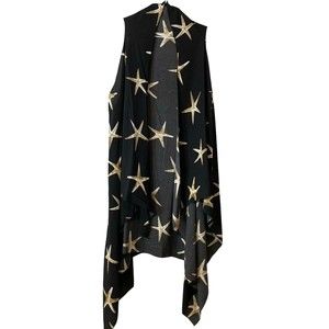 Made in Mexico Sleeveless Long Duster Black Gold Starfish Print Handkerchief Hem